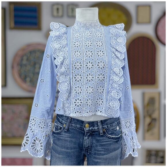 Sea Exploded New York Exploded Eyelet Ruffle Top Retail $ 345 Blue White - Picture 9 of 16